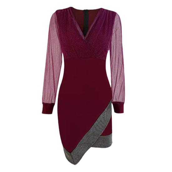 Женское платье весна-осень с V-образным вырезом, рукавами-фонариками, неровным подолом, прозрачной сеткой, пайетками, в стиле пэчворк, сверху