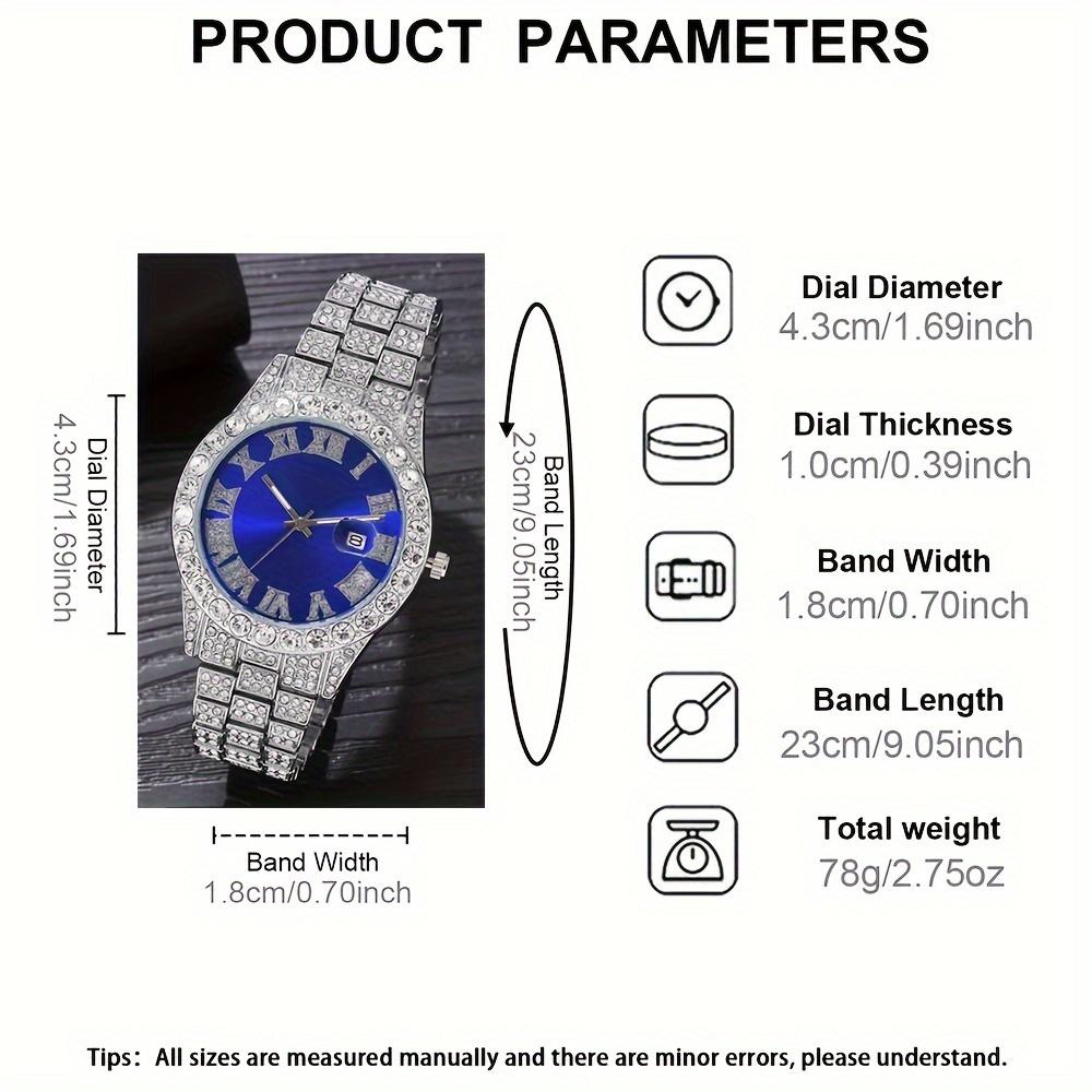 Glamorous 2pcs Set: Rhinestone Quartz Watch With Alloy Strap & Bracelet - Shockproof, Swiss Movement, Analog Display For Men