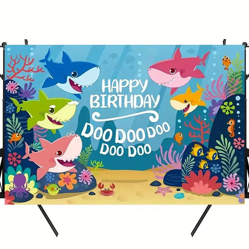 1 item, Colorful Shark Birthday Party, Polyester Photography Background Cloth 7x5 Feet, Birthday Banner and Flag Supplies