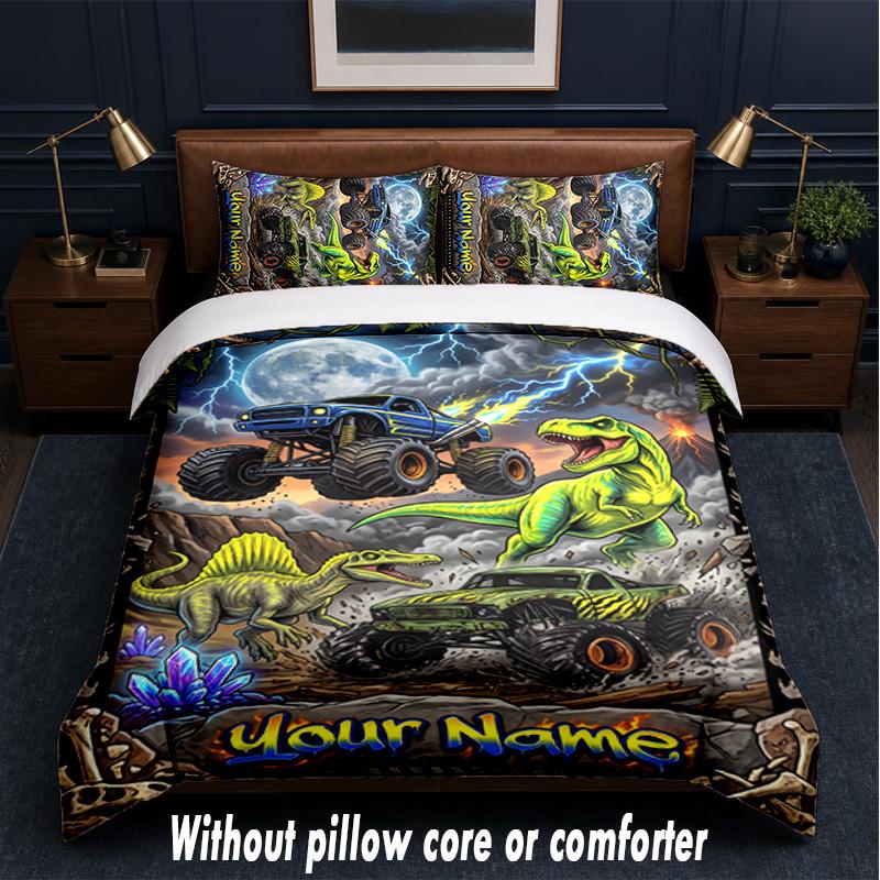 Monster Truck Theme Custom Text Or Name 3Pcs Bedding Set,1 Flat Sheet & 2 Pillowcases Personalized Home Bedding