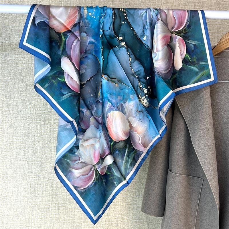 88*88cm 100% Mulberry Silk Retro Floral Garden Oil Painting Pattern Square Scarf Thin Sunblock Beach Towel Shawl Neckerchief
