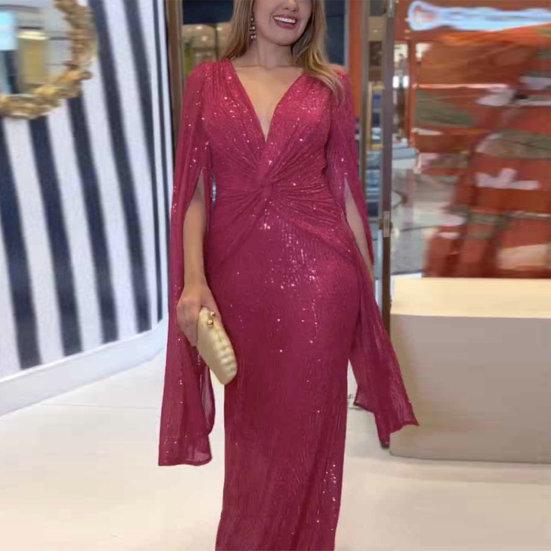 Женское вечернее платье с разрезом на рукавах, глубокий V-образный вырез, блестящие пайетки, облегающее, с узкой талией и узлом, плиссированное, полная длина, сплошной цвет, женское платье для выпускного банкета, макси