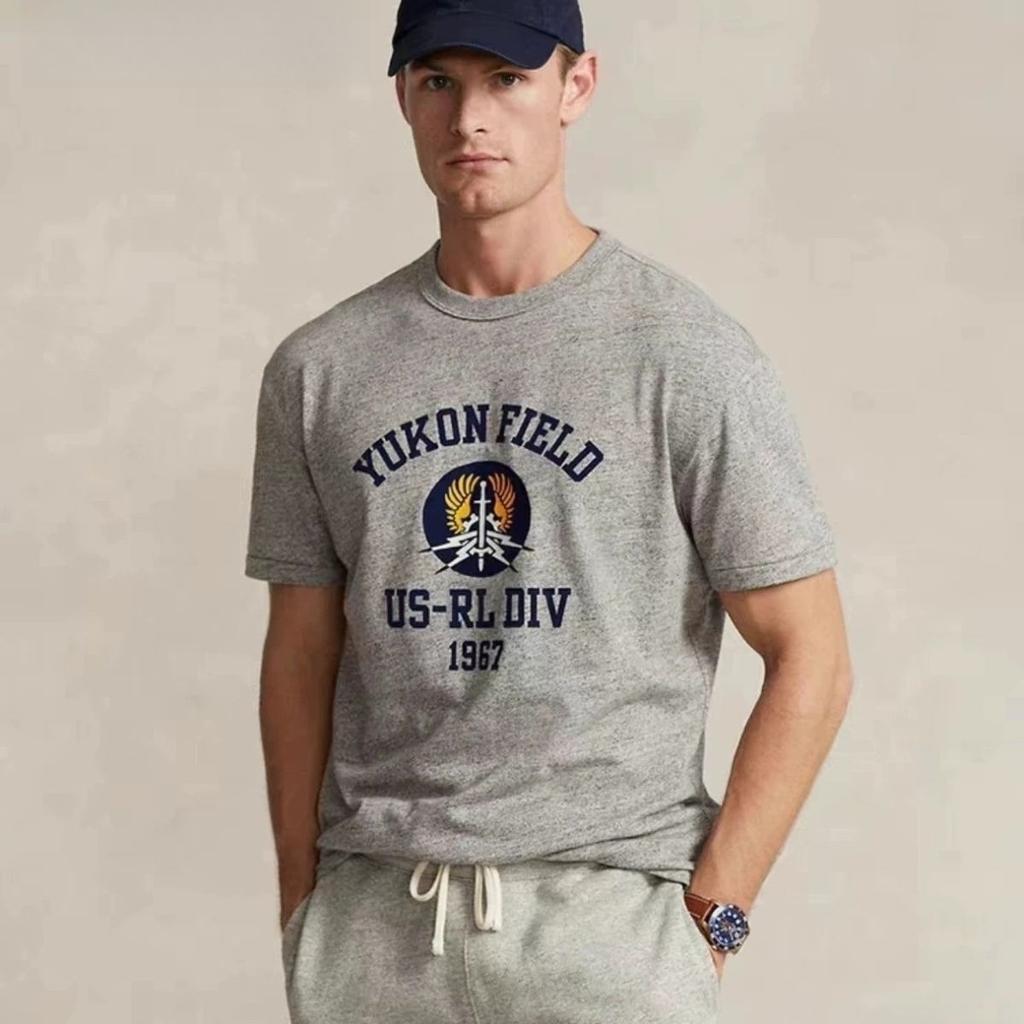 Summer Trendy Brand RL Simple Solid Color Round Neck Short-sleeved Cotton T-shirt Letter Printing Men's Versatile Casual Top Y2k