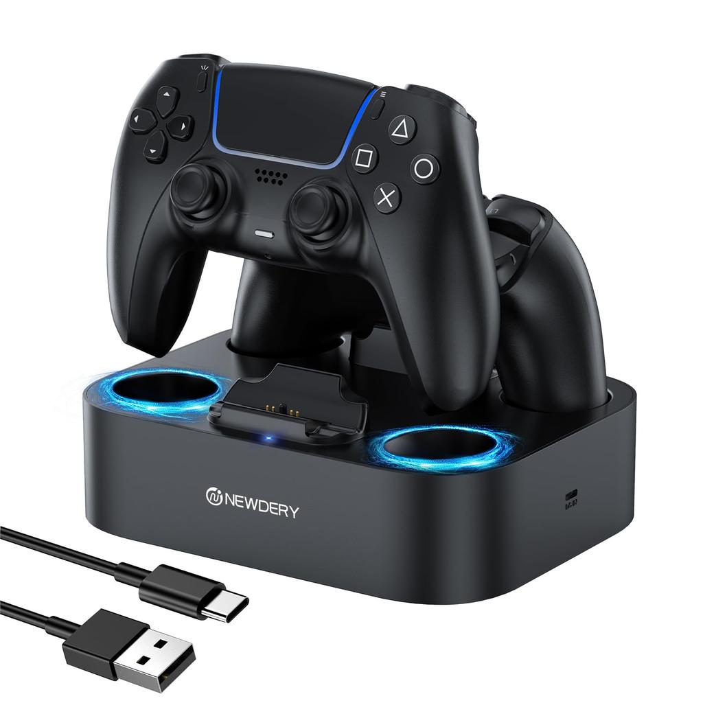 NEWDERY PS5 Controller Charging Rapid Can Charge 2 Devices Charges Just Place Overcharge Cable LED Indicator Lamp Black Stand, Charging,