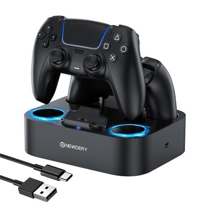 Контроллер NEWDERY PS5 с быстрой зарядкой. Может заряжать 2 устройства. Просто поместите кабель для зарядки. Светодиодный индикатор. Черная подставка для зарядки.