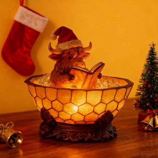 Highland Cow Bubble Bath Night Light Cute Highland Cow Reading Book Lamp 3D Resin Bathtub Highland Cow Sculpture for Indoor Desk Table Shelf Fireplace