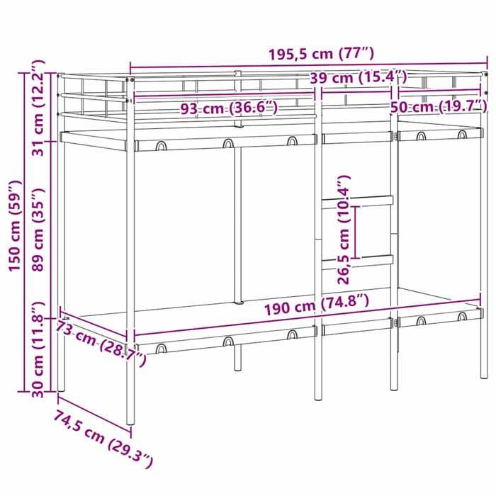VidaXL Bunk Bed Without Mattress Black 75x190 Cm Steel, Bed Frame, Slatted Base, Bedroom Furniture, Loft Bed, Frame of 42000319