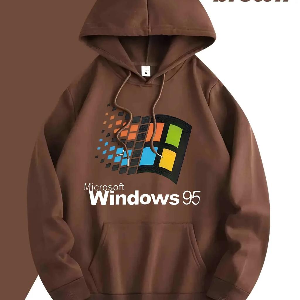 Men's Retro Windows 95 Graphic Hoodie Dark Grey Pullover Sweatshirt Retro Gaming Hoodie for Tech Enthusiasts