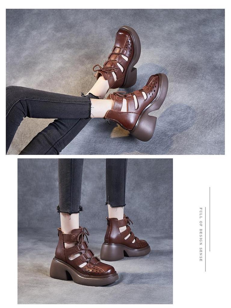 Женские ретро-римские сандалии из коровьей кожи: Коллекция лета 2024 г. — толстая подошва, ажурный дизайн, сетчатый стиль сапог