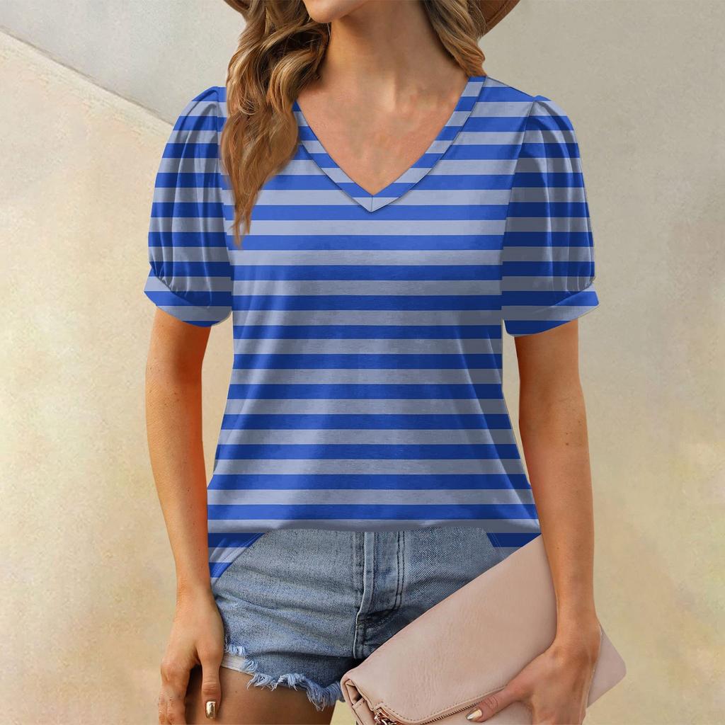 Women's Fashion Striped Printed Top Puff Short Sleeve V-neck T-shirt Loose Casual T-shirt