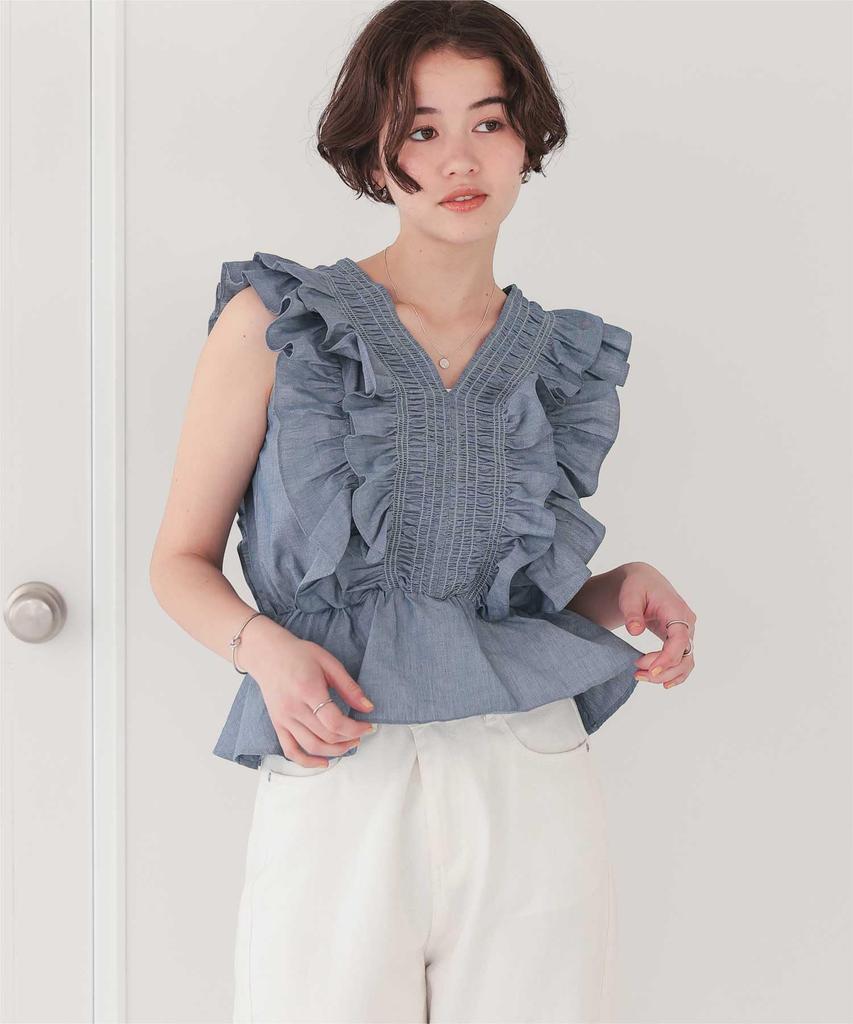 Titibait Блузка без рукавов с оборками AFXP4275 Средне-голубая Женская