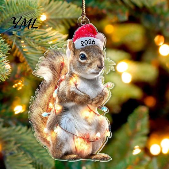 Decorative Animal Figurines for Home Christmas Hanging Ornaments with Lanyard, Cute Double Sided Pendant 2026 Themed Holiday Decorations Santa Hat, 2D