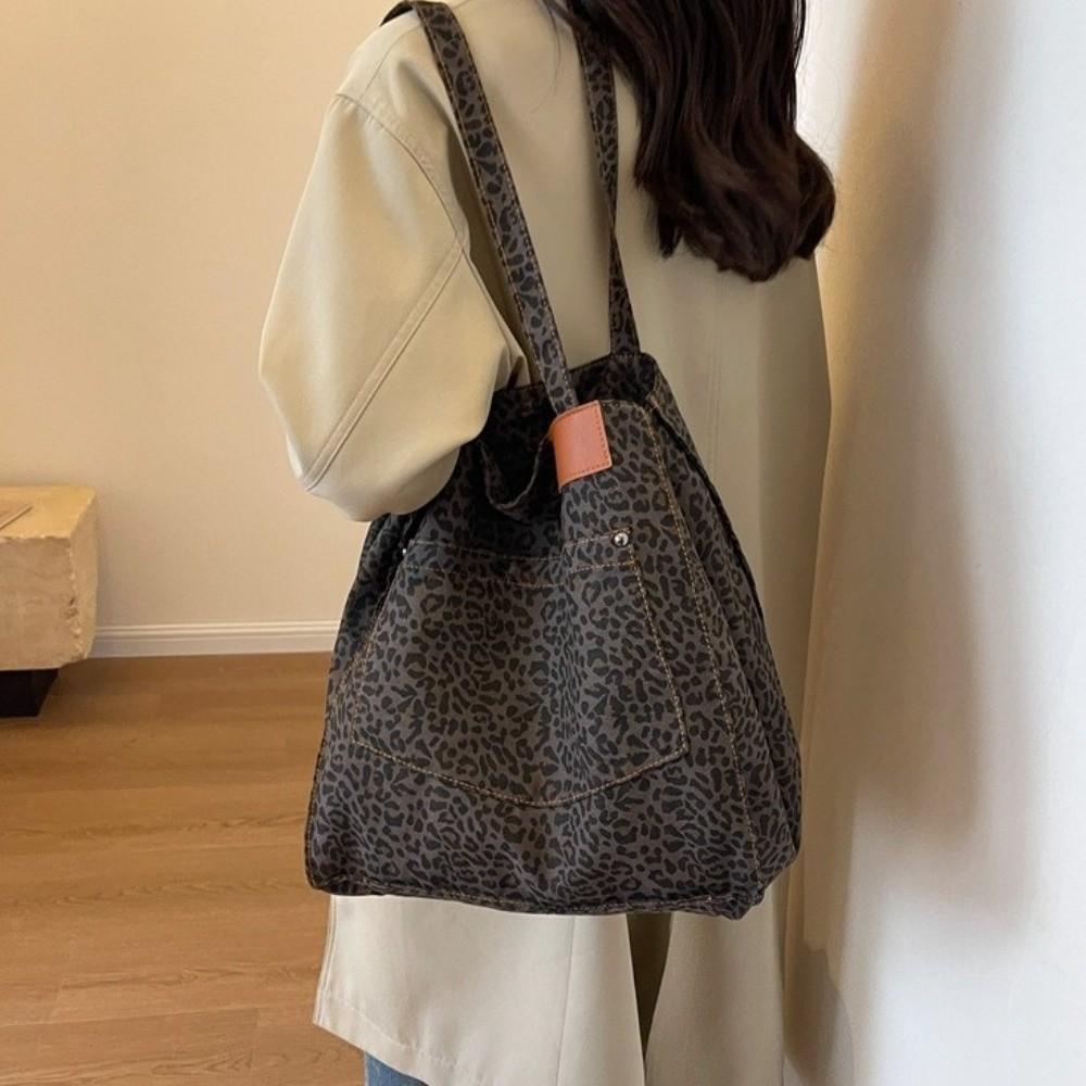Large Capacity Leopard Print Shoulder Bag Square Women Handbag Simple Canvas Tote Bag Girls