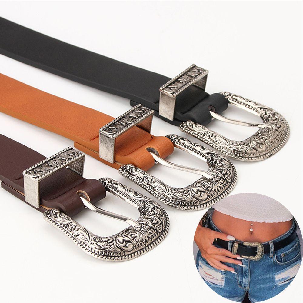 Carved Vintage PU Leather Waist Strap Pin Buckle Belt All-Match Belt Dress Waistband