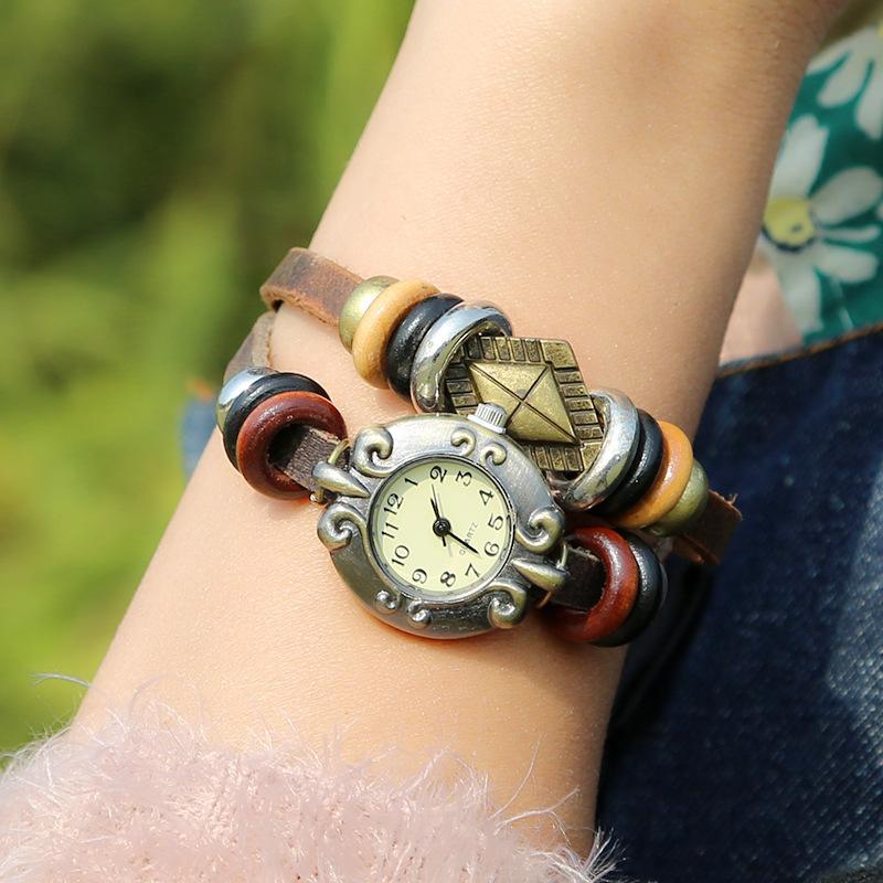 Часы-браслет из натуральной кожи + винтажные часы-браслет из воловьей кожи + браслет ручной работы из бисера + мужские и женские часы-браслет