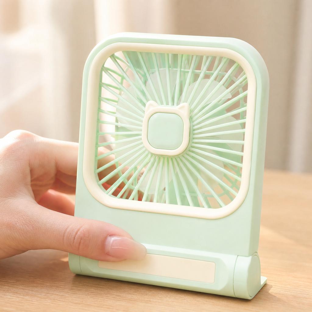Square Desktop USB Rechargeable Fan with Cat Ear Design Three Speed Adjustable Table Fan Wall Mountable Portable for Home Office Outdoor Camping