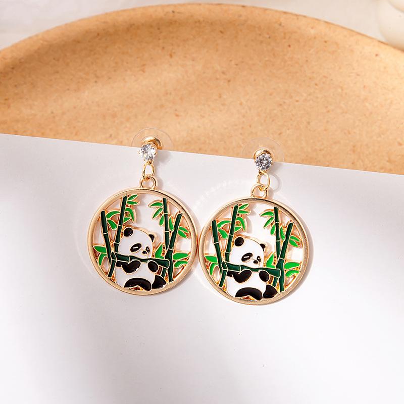 Long Tassel Oriental Idyllic Exquisite And Cute Cartoon Panda Bamboo Diamond Earrings Girl Stud Earrings