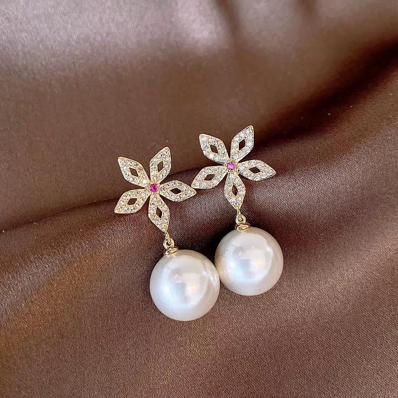 Pearl Tassel Earrings with Silver Needle & Floral Design – Medieval Vintage Style for Women