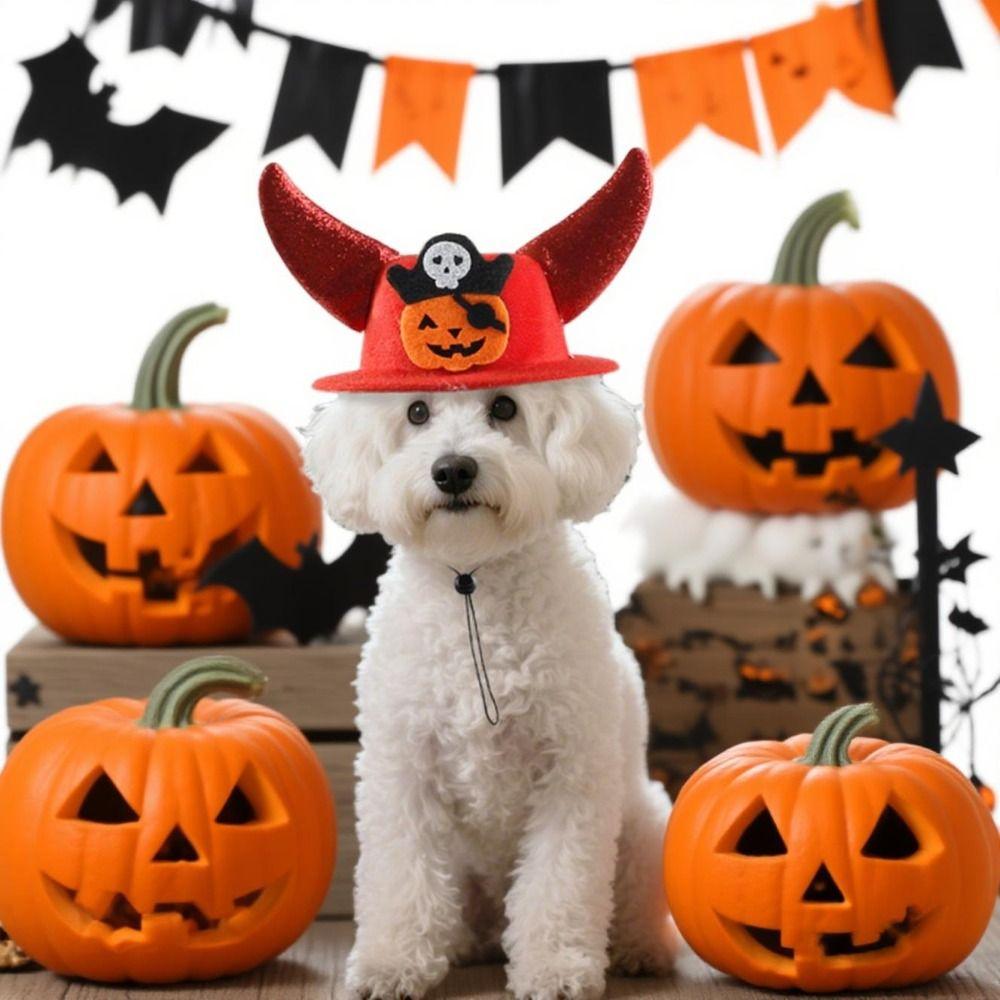 Pumpkin Halloween Pet Horns Hat Adjustable Dog Dress Up Cap Halloween Pet Hat  Halloween Decor