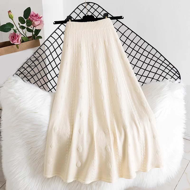 Женская осенне-зимняя трикотажная юбка с высокой талией и большим подолом, элегантная однотонная шерстяная юбка средней длины из жаккарда