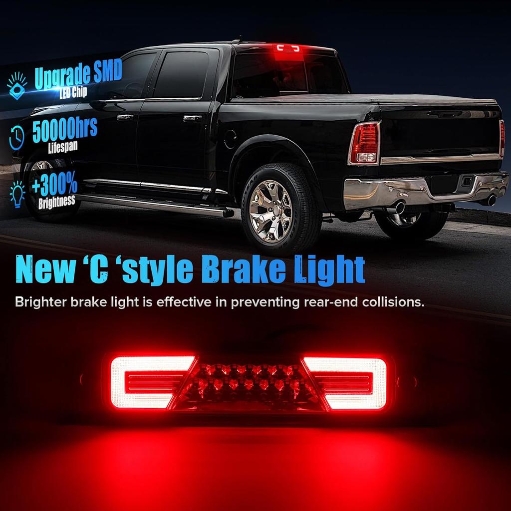 LED Third Brake Light Compatible with Ram 1500 2500 3500 4500 5500 2009-2018 for Ram1500 Classic - Laramie  3rd Brake Cargo Light Red Housing Clear