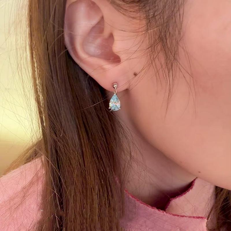 Hui Zhi Yi S925 Silver Teardrop Aquamarine 7x10mm Pear-Shaped Diamond Fashion Earrings for Women