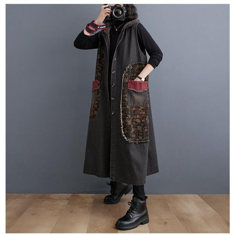 Hooded Long Denim Vest Coat Women's Slim Denim Jacket Retro Style Loose Casual Large Patchwork Pocket Design New Fashion Autumn