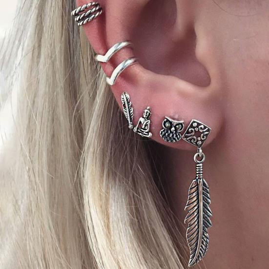 6 шт. женские серьги набор разных форм бохо ажурные сова лист серьги манжеты ретро стиль пирсинг серьги гвоздики хрящ ушной клипса