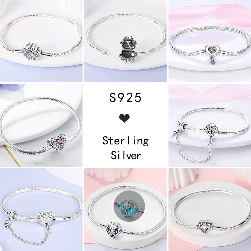 17-20CM Star Moon Bracelet 925 Copper Pink Heart Clover Charms Snake Chain Luminous Bracelet For Women DIY Birthday Zircon Gift