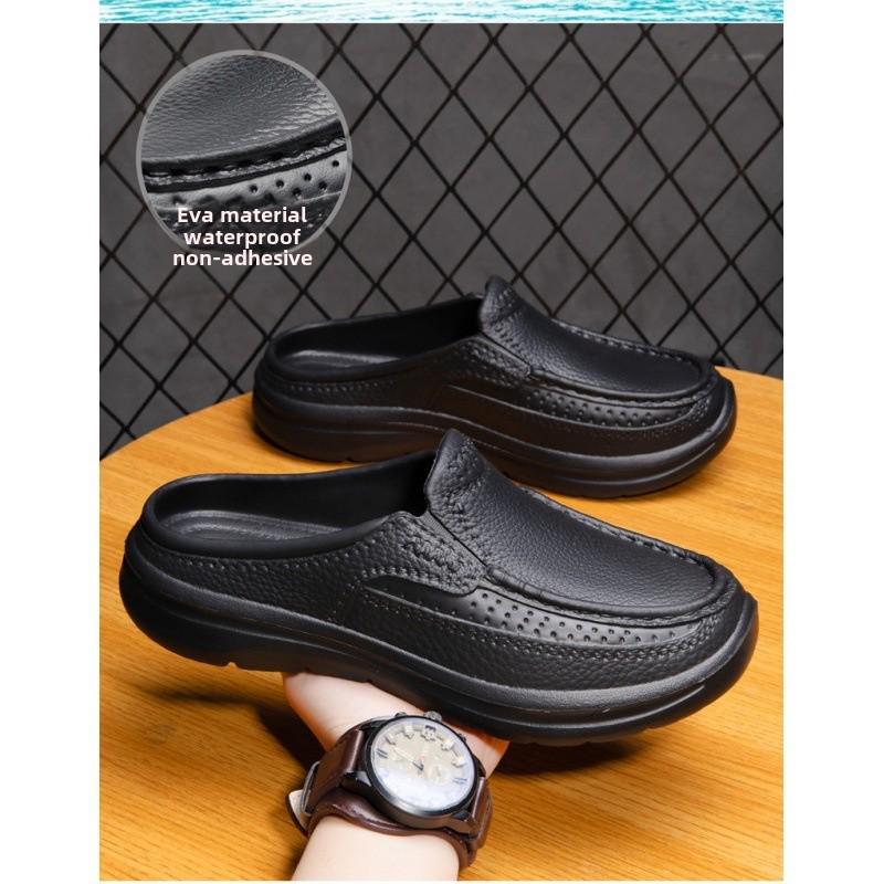 Men's Casual Leather Slip-On Toe Slippers, Large Size 46, Stylish and Comfortable for Summer.