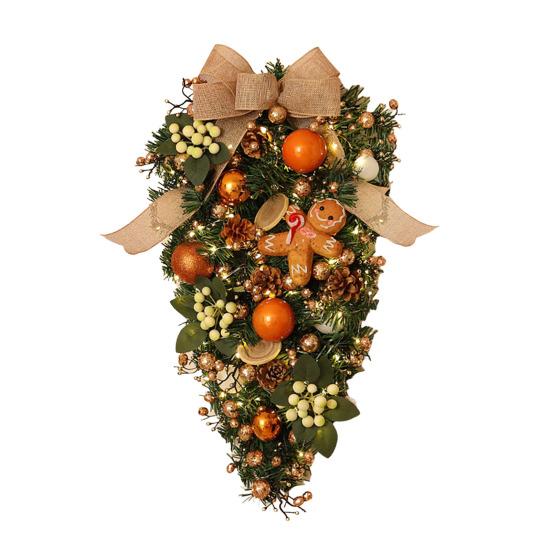 Christmas Wreath for Front Door Artificial Green Pine Needles Teardrop Swag Christmas Garland Decoration with Balls Bows Holiday Decor