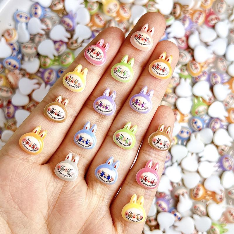 20Pcs Kawaii Cartoon Labubu Rabbit Head Resin Nail Charms 3D Luminous Creative Colorful Diy Accessories Nail Art Decoration