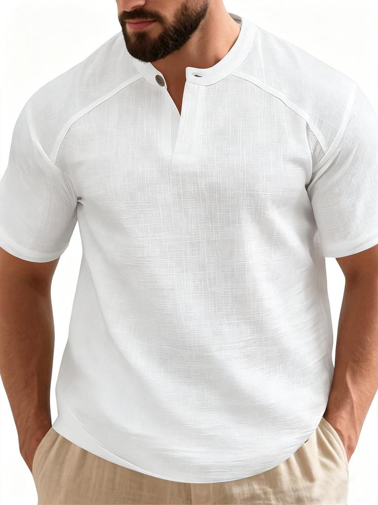Мужская футболка-henley с коротким рукавом, смесовая ткань хлопок и лен, рукав реглан, воротник-стойка, повседневная летняя футболка для отпуска