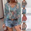 Плюс Размер Женский Новый Осенний Печатный V-образный Вырез Длинные Рукава Топ