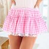 Mini Skirt Mid-rise Elastic Waist Plaid Print Lace Stitching Ruffle Short Skirt A-Line Halloween Cosplay Role-Playing Skirt