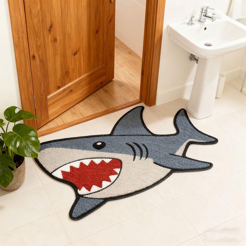 Creative Cartoon Shark Shaped Plush Rug - Cute Non-Slip Absorbent Floor Mat for Bedroom, Bathroom, Living Room