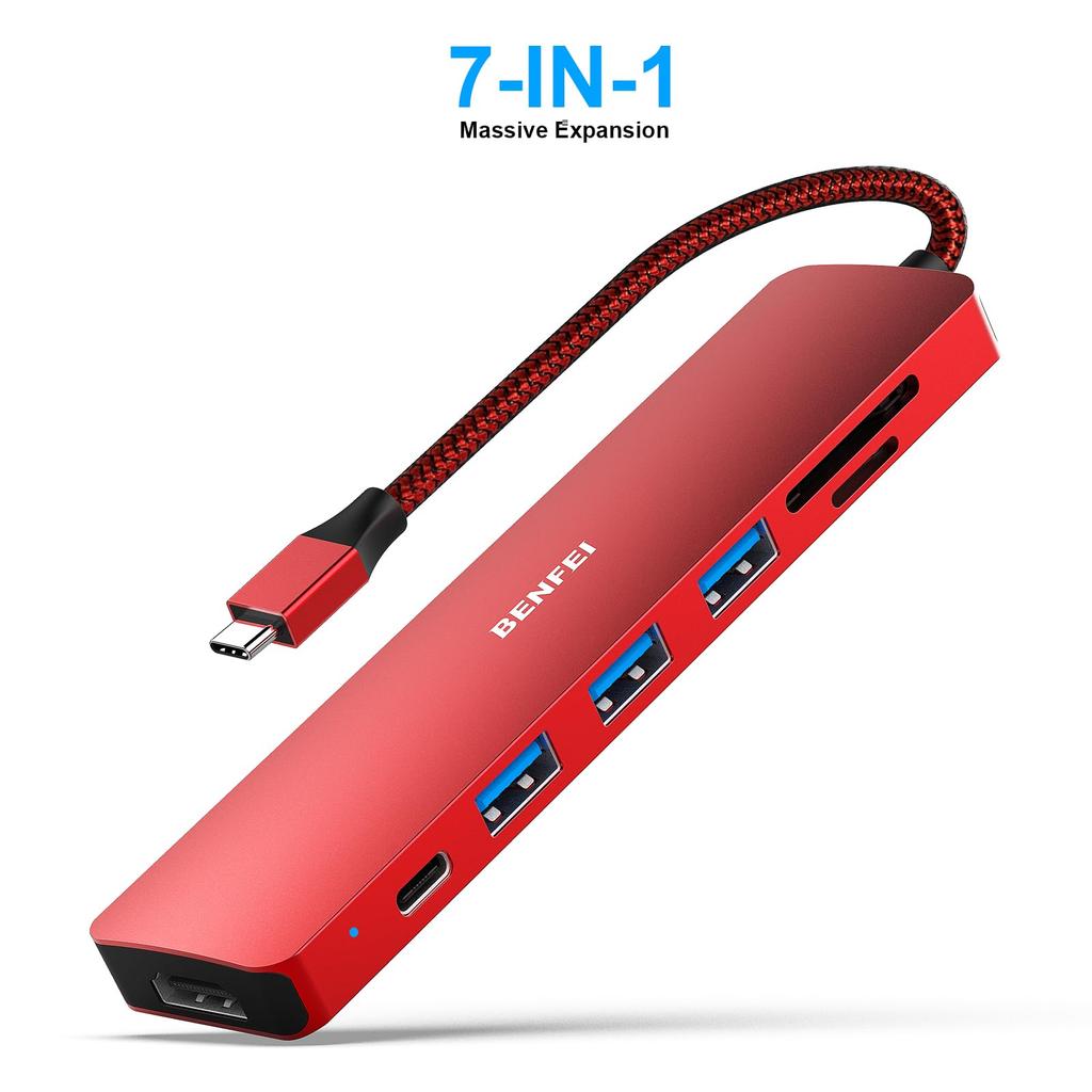 BENFEI USB C Hub USB C Hub Multiport To HDMI To Card PD 60W Charging Power Delivery Thunderbolt Compatible with iPhone 15 MacBook iPad Red 7in1,