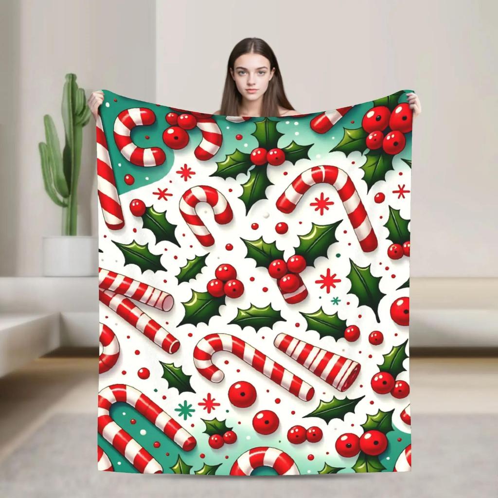 Cozy Candy Cane Christmas Blanket Warm Soft Plush Throw for Bedroom Living Room Couch Decorative Flannel Bedspread