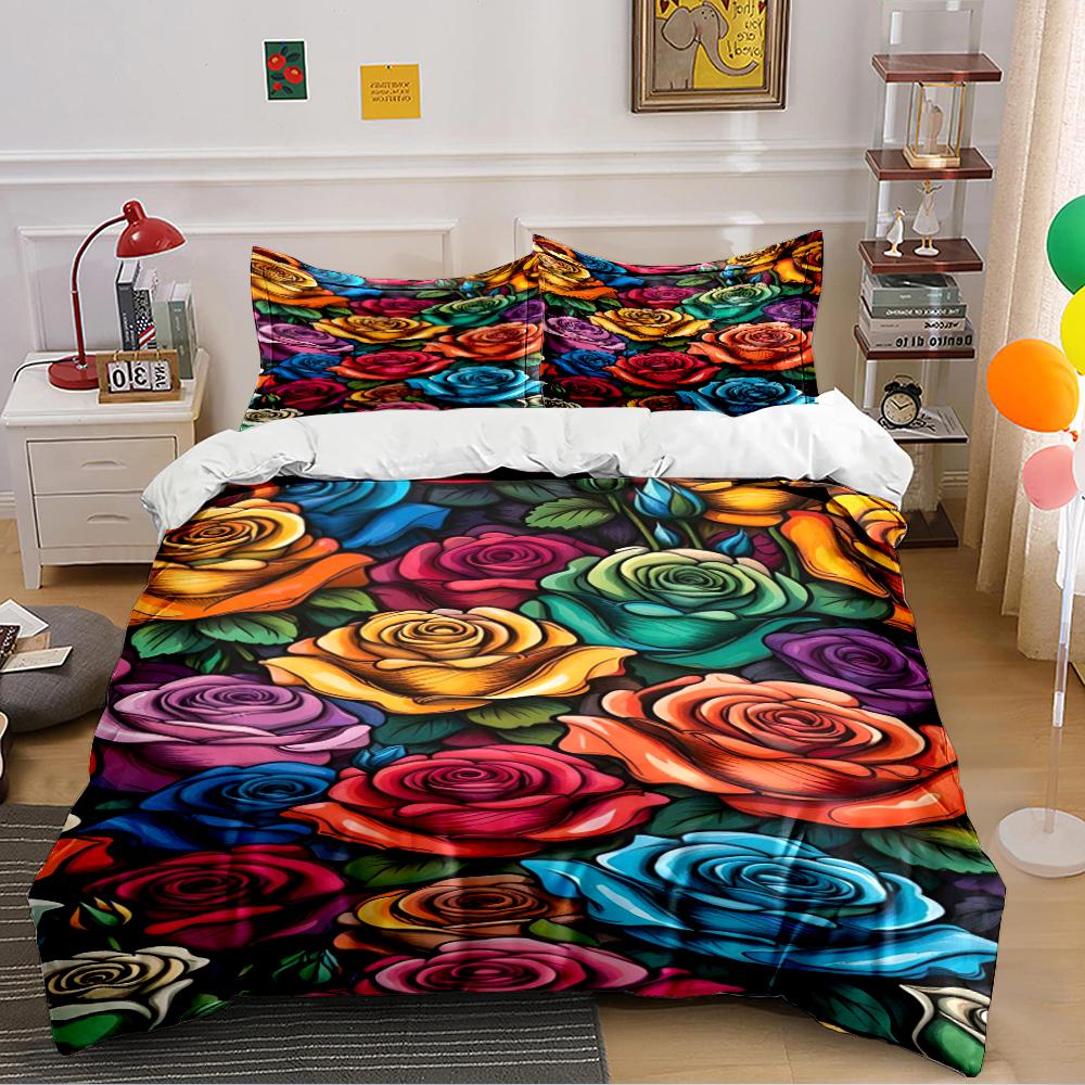 Colorful Roses Pattern Bedding Set (1 duvet cover, 2 pillowcases, duvet not included) sofas