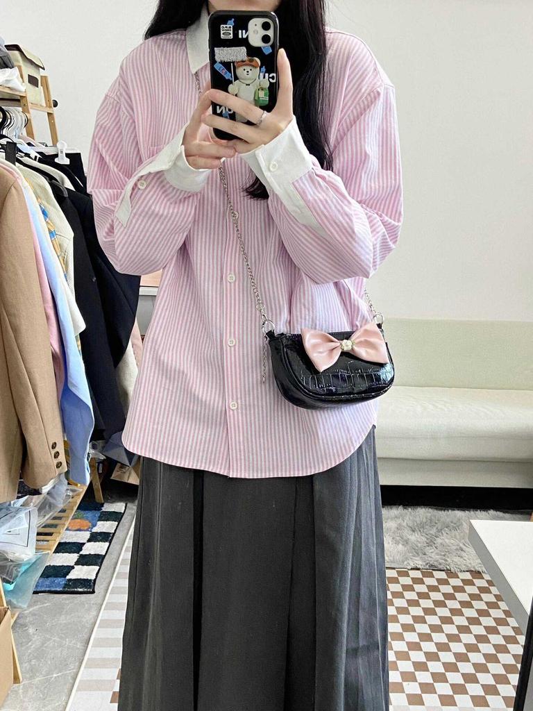 Salt-Toned Color Block Striped Long Sleeve Shirt for Women – Korean Style, Slimming, Versatile, Loose Fit for Autumn and Summer.