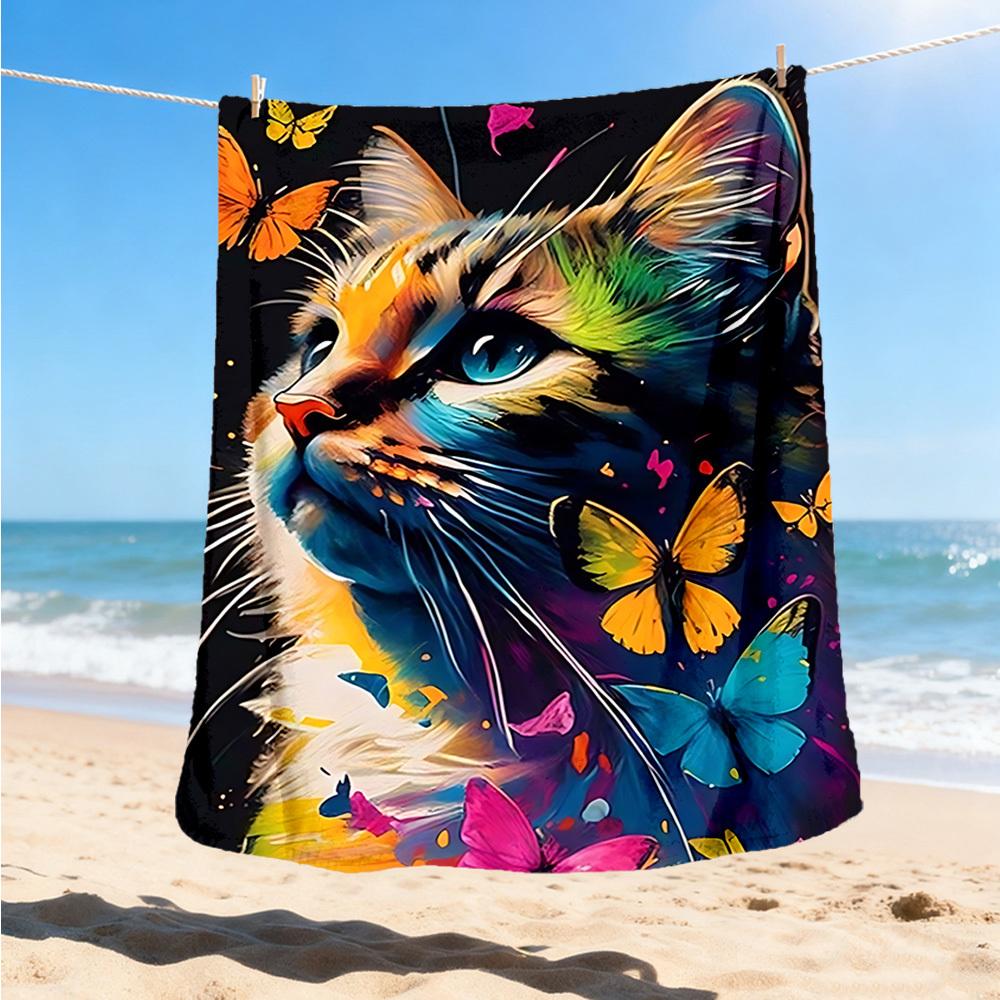 1pc Colorful Cat Art Print Outdoor Blanket, Lightweight Polyester,