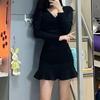 High Waist Women's Hip Hugging Skirt Pleated Y2k Slim Fit Dress Sweet Long Sleeve Dress  Club