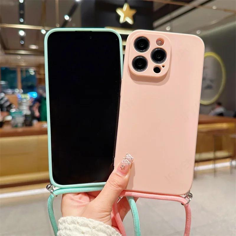 Чехол для телефона с ремешком через плечо, конфетного цвета, для iPhone 17 Air 16 16E 15 14 13 12 11 Pro Max Plus, силиконовый, мягкий ТПУ, задняя крышка