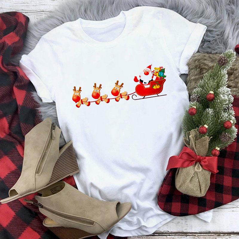 Cute Reindeer T Shirt Women Fashion Christmas Harajuku Short Sleeve T Shirt White Suitable All Seasons