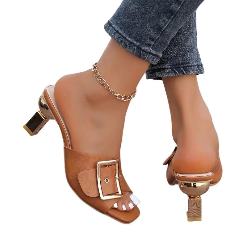 Модная обувь для женщин 2024 года, модные женские туфли с открытой пяткой, летние туфли с открытым носком и пряжкой, однотонные туфли на блочном каблуке, большие размеры