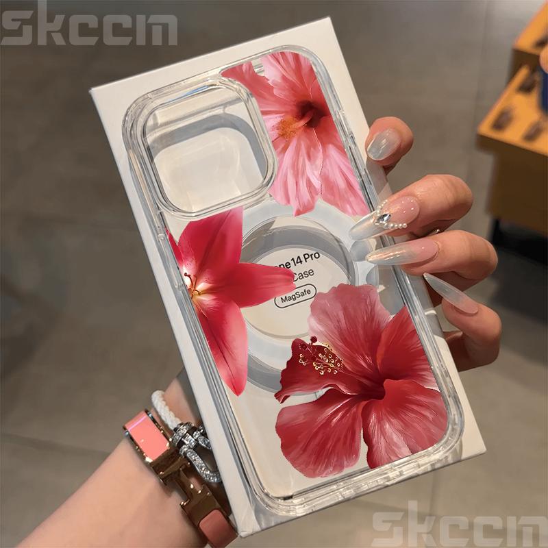 Realistic Lily Flower Print Clear Phone Case For iPhone 16E 16 15 14 13 12 11 Pro Max Plus XS XR Magnetic Wireless Charge Cover