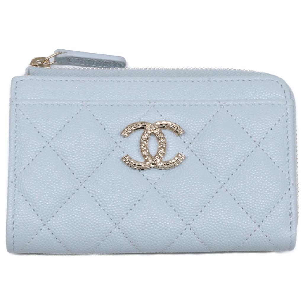 CHANEL Excellent Condition AP4257 Caviar Skin CC Logos Zip Wallet Fragment Case Card Case coin purse Light Blue/Light Gold HardwareUsed