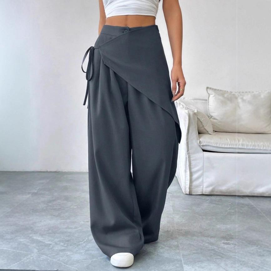 Women's High Waist Wide Leg Pants Asymmetric Wrap Design Casual Trousers