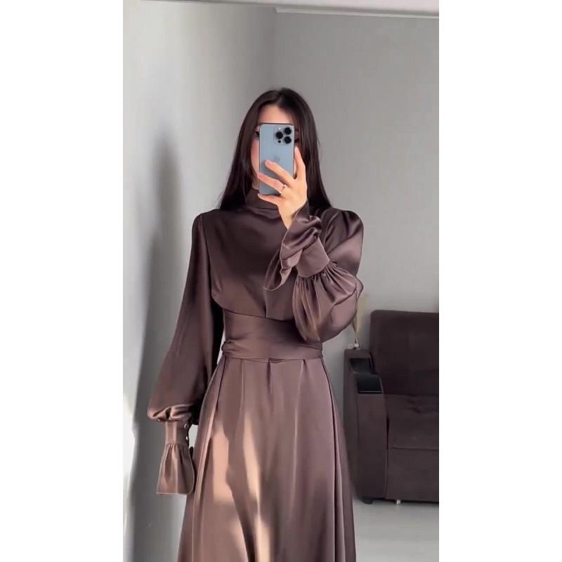 Long Sleeve Satin Dress Solid Color Elegant Fairy Style Women
