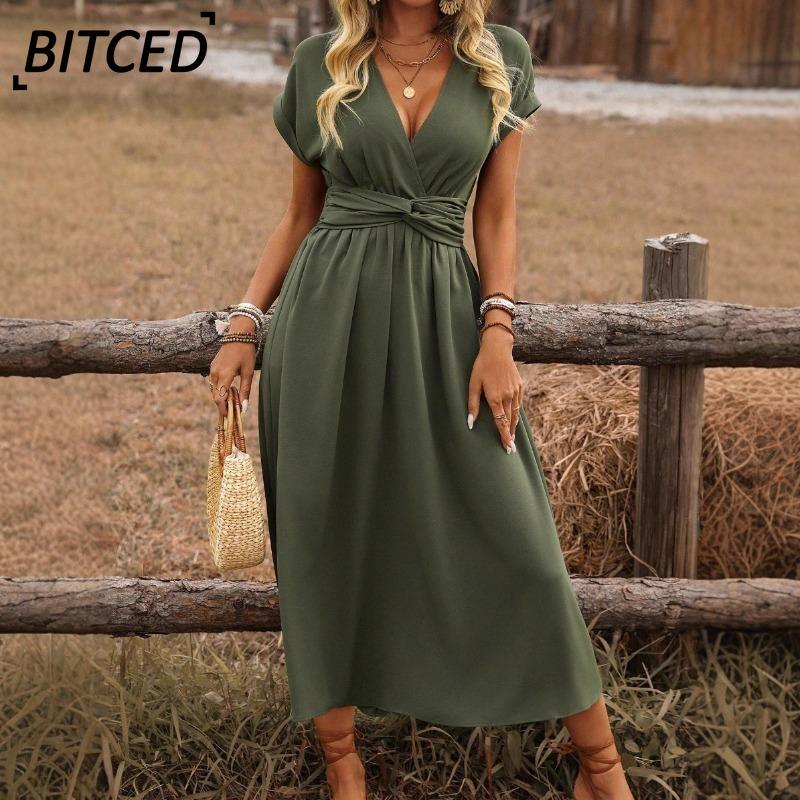 BITCED Модные летние весенние однотонные принтованные повседневные платья с коротким рукавом и V-образным вырезом